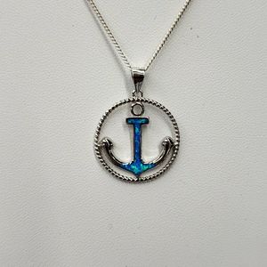 Sterling Gorgeous Lab Blue Fire Opal Anchor Pendant w Sterling Baby Curb Chain